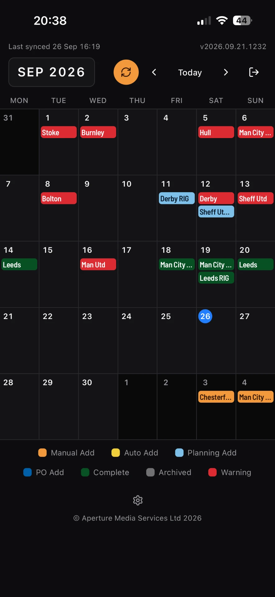 TX Diary running on a phone — a September 2026 broadcast calendar with colour-coded jobs, sync status and automatic Gmail-pulled entries