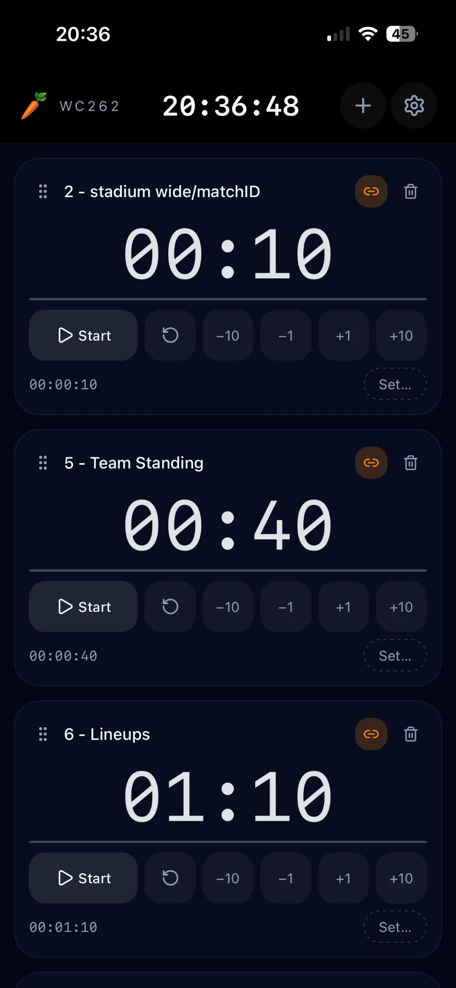 Carrot Clock running on a phone — synced broadcast countdowns for the 2026 FIFA World Cup, including stadium wide/matchID, team standing and lineup clocks